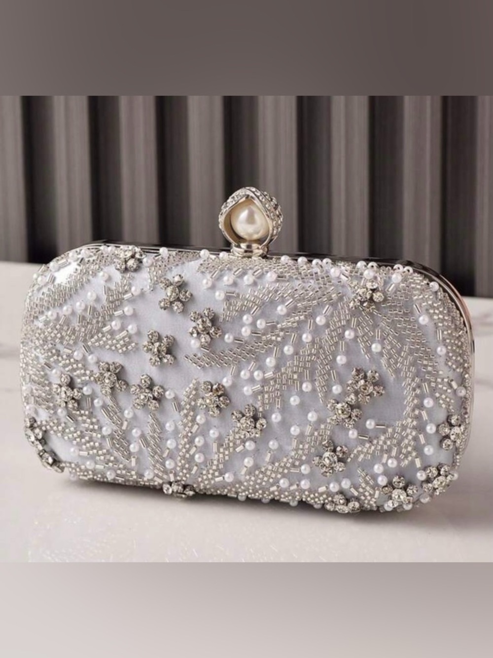 Elegant Beaded Silver Evening Clutch